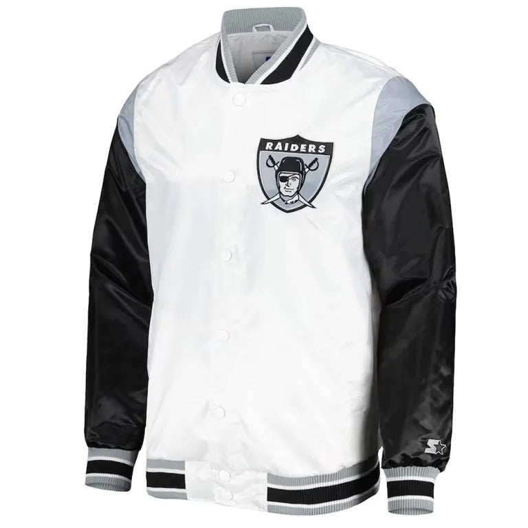 Los Angeles Raiders Throwback Warm Up Pitch Full-Snap Varsity Black & White Satin Men's Bomber Jacket