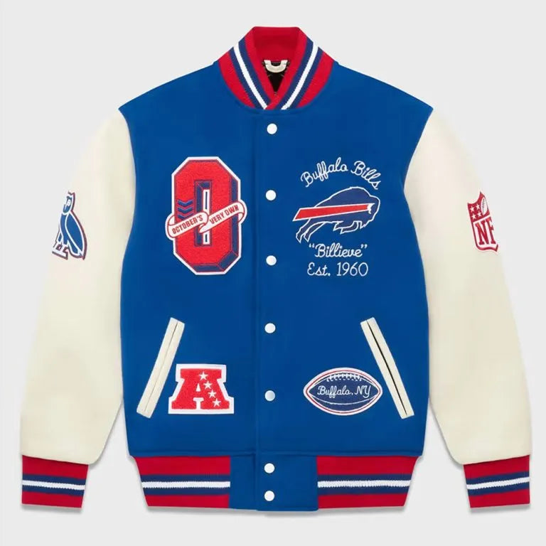 Buffalo Bills OVO Royal Blue Wool and White Leather Sleeves Varsity Men's Letterman Jacket