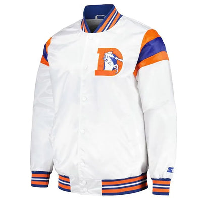 Denver Broncos Midweight Full-Snap Varsity White Satin Men's Bomber Jacket
