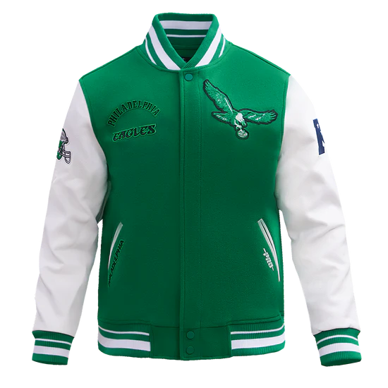 Philadelphia Eagles Mash Up Retro Classic Green Wool & White Genuine Leather Sleeves Men's Varsity Letterman Jacket