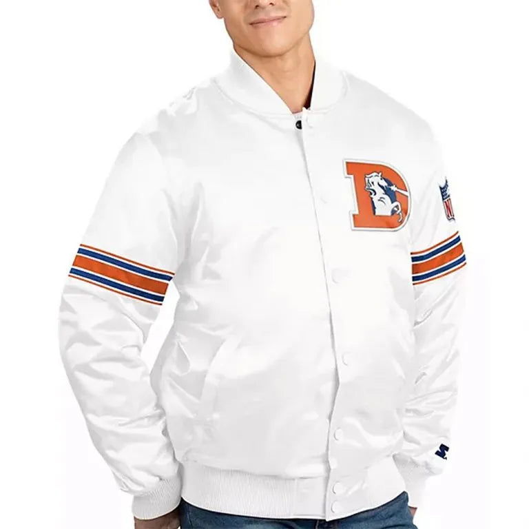 Denver Broncos The Power Forward Full-Snap Varsity White Satin Men's Bomber Jacket