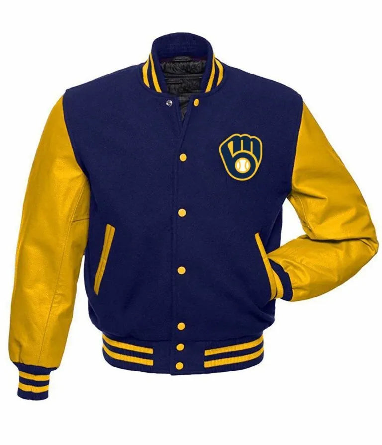 Milwaukee Brewers Varsity Blue Wool & Yellow Leather Sleeves Full Snap Men's Jacket