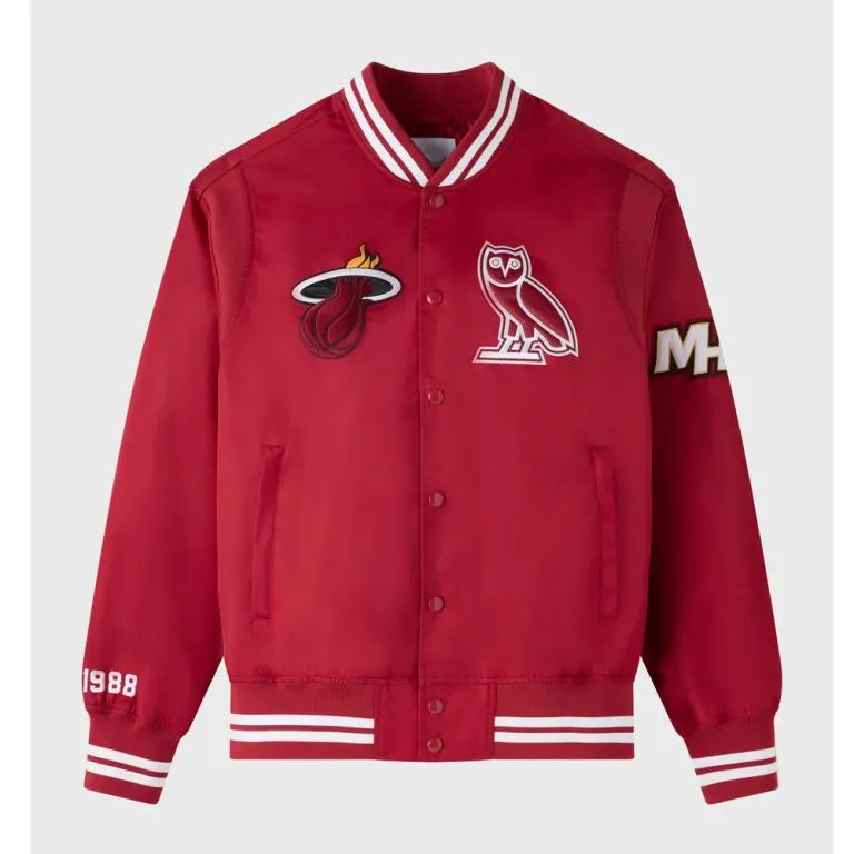 Miami Heat OVO Full-Snap Varsity Red Satin Men's Bomber Jacket