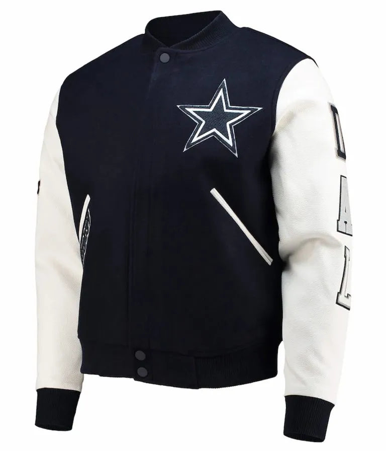 Dallas Cowboys Navy Blue Wool & White Genuine Leather Sleeves Men's Varsity Jacket