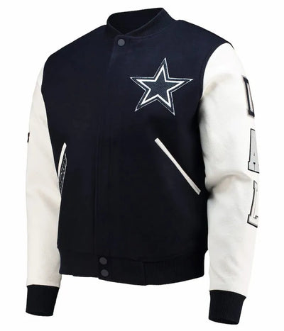 Dallas Cowboys Navy Blue Wool & White Genuine Leather Sleeves Men's Varsity Jacket