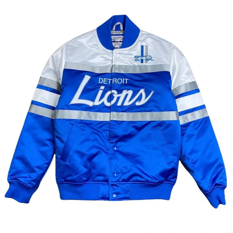 Detroit Lions Special Script Heavyweight Full-Snap Varsity Blue and White Satin Men's Bomber Jacket