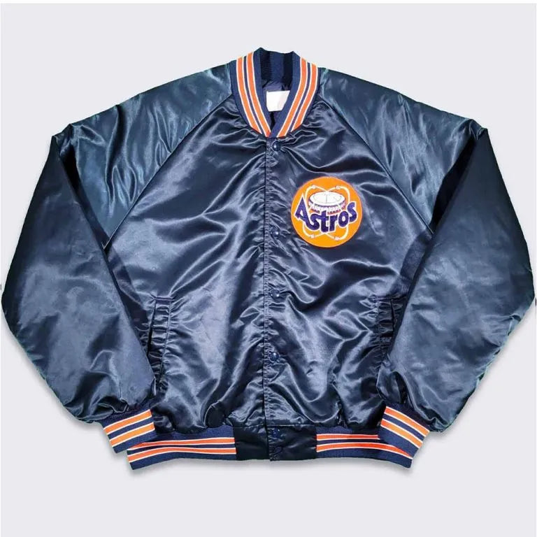 80s Houston Astros Full-Snap Navy Blue Satin Bomber Men's Jacket