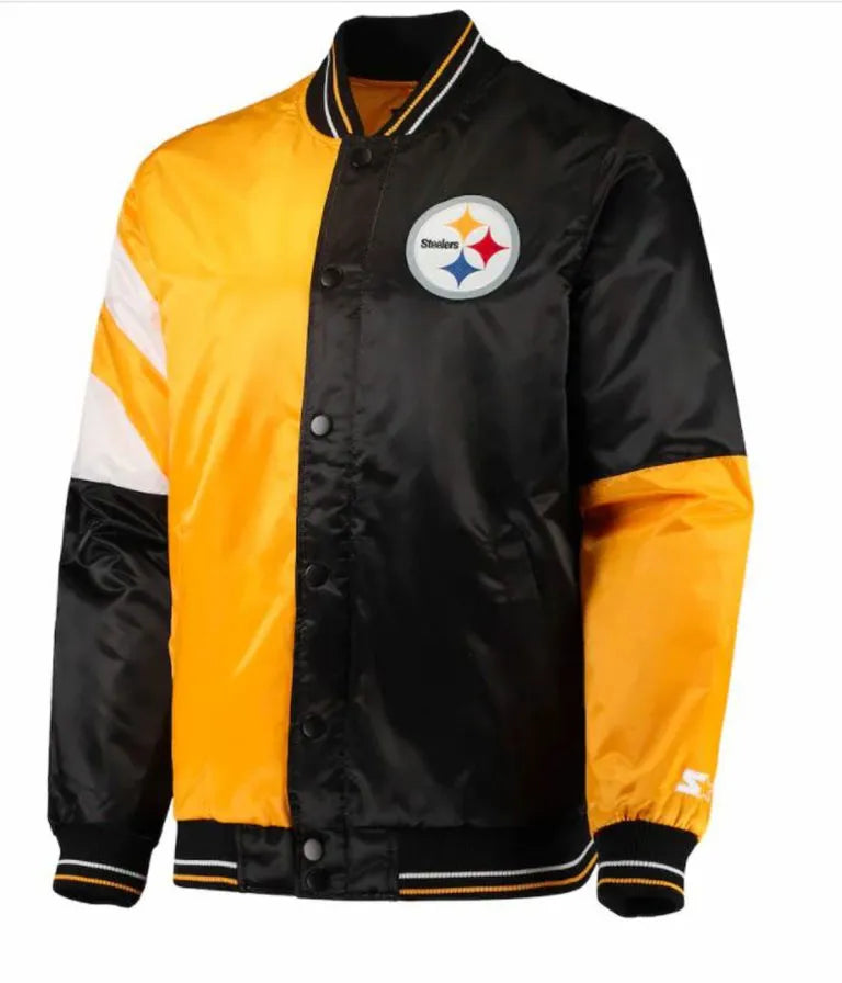 Pittsburgh Steelers Full-Snap Varsity Black and Yellow Satin Men's Bomber Jacket