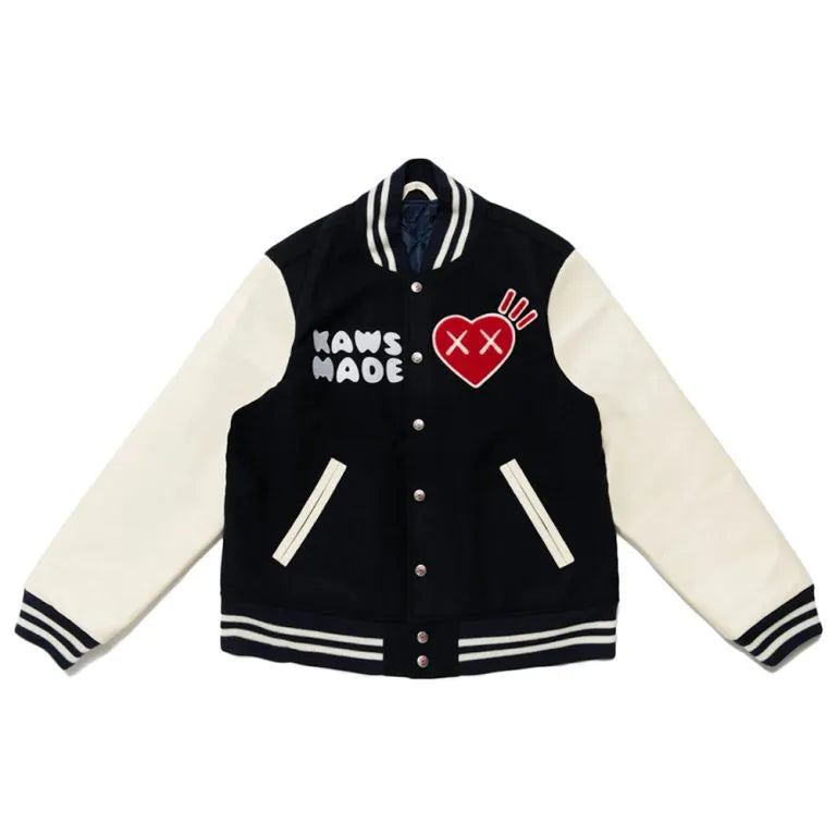 Human Made Kaws Black Wool & White Genuine Leather Sleeves Men's Letterman Varsity Jacket
