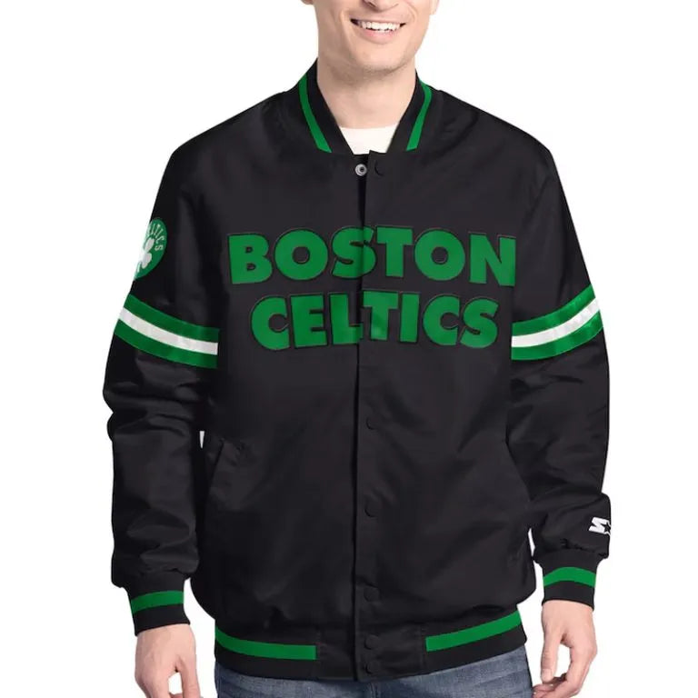 Boston Celtics Scout Full-Snap Varsity Black Satin Men's Bomber Jacket