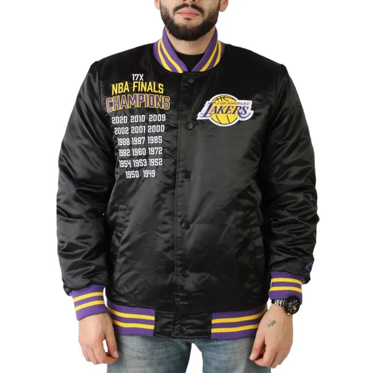 17X Los Angeles Lakers Champions Full-Snap Varsity Black Satin Men's Bomber Jacket