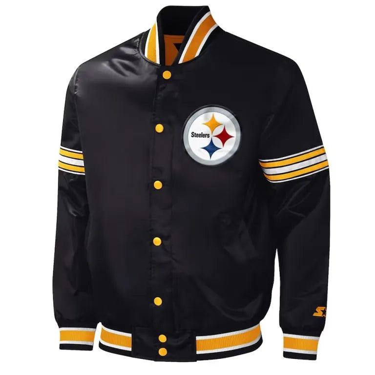 Pittsburgh Steelers Midfield Full-Snap Varsity Black Satin Men's Bomber Jacket