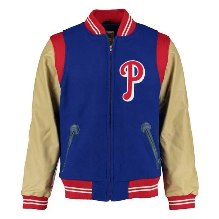 1948 Philadelphia Phillies Varsity Royal Blue Wool & Beige Leather Sleeves Men's Jacket