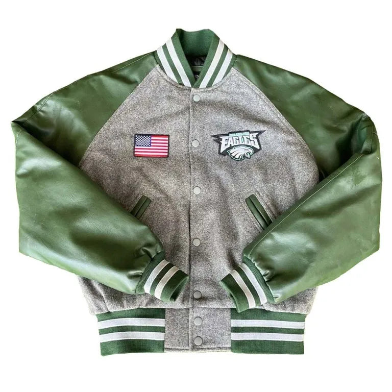 Philadelphia Eagles American Flag Gray Wool & Green Leather Sleeves Men's Varsity Letterman Jacket