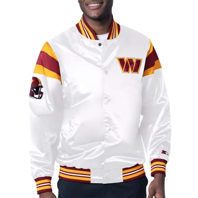 Washington Commanders Midweight Full-Snap Varsity White Satin Men's Bomber Jacket