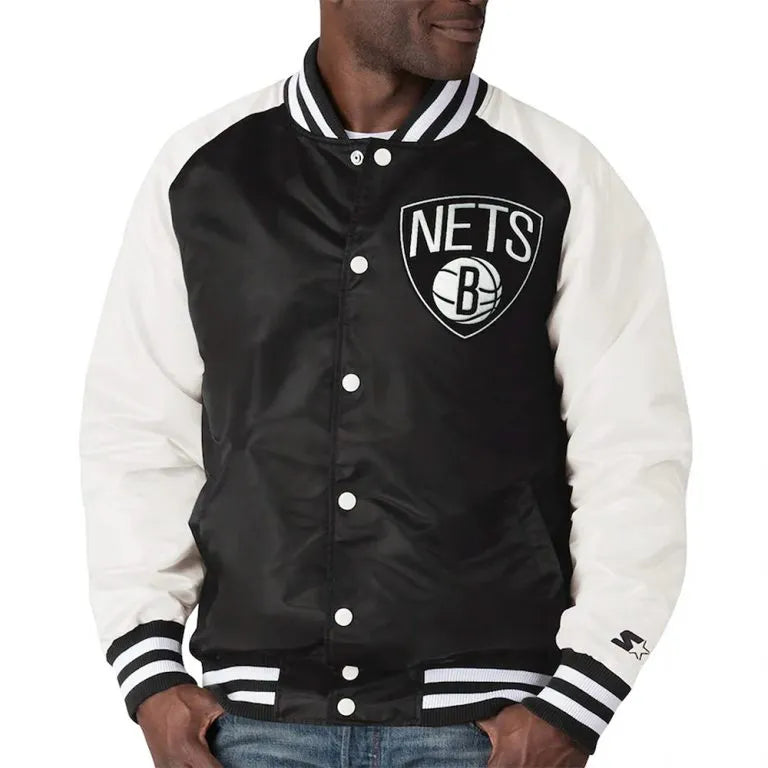 Brooklyn Nets Point Guard Full-Snap Varsity Black/White Satin Men's Bomber Jacket