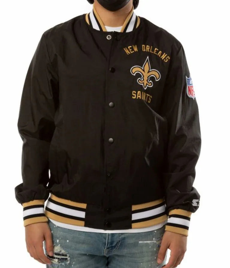 New Orleans Saints Full-Snap Varsity Black Satin Men's Bomber Jacket