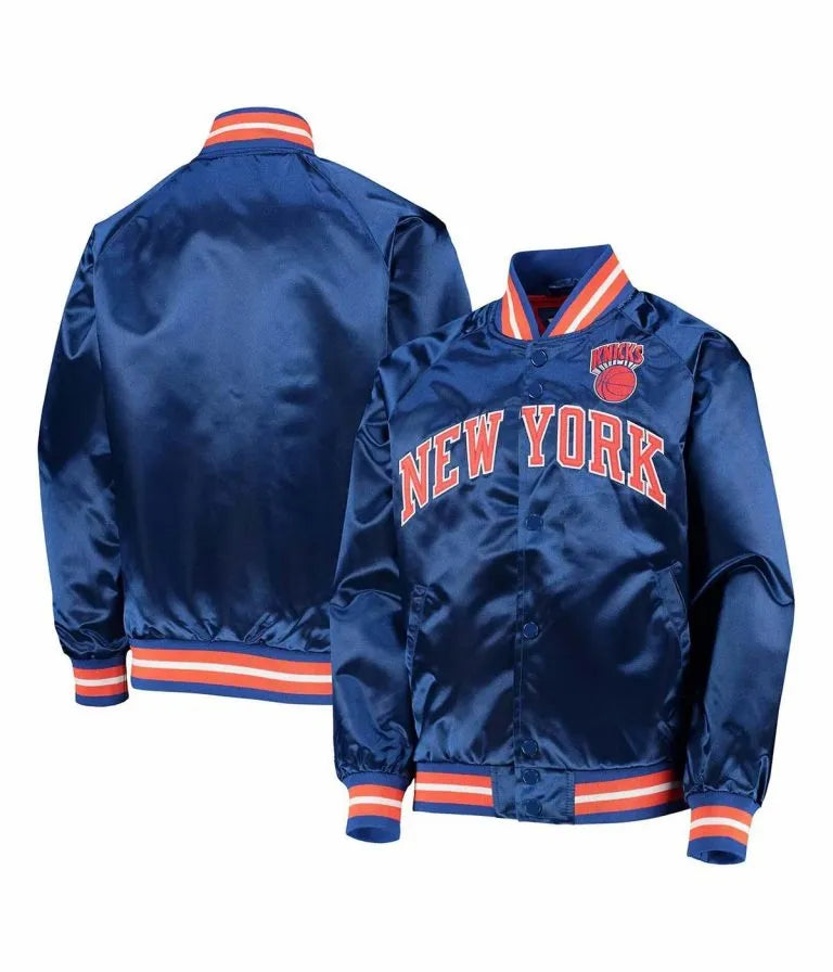 New York Knick Hardwood Classic Full-Snap Varsity Blue Satin Men's Bomber Jacket