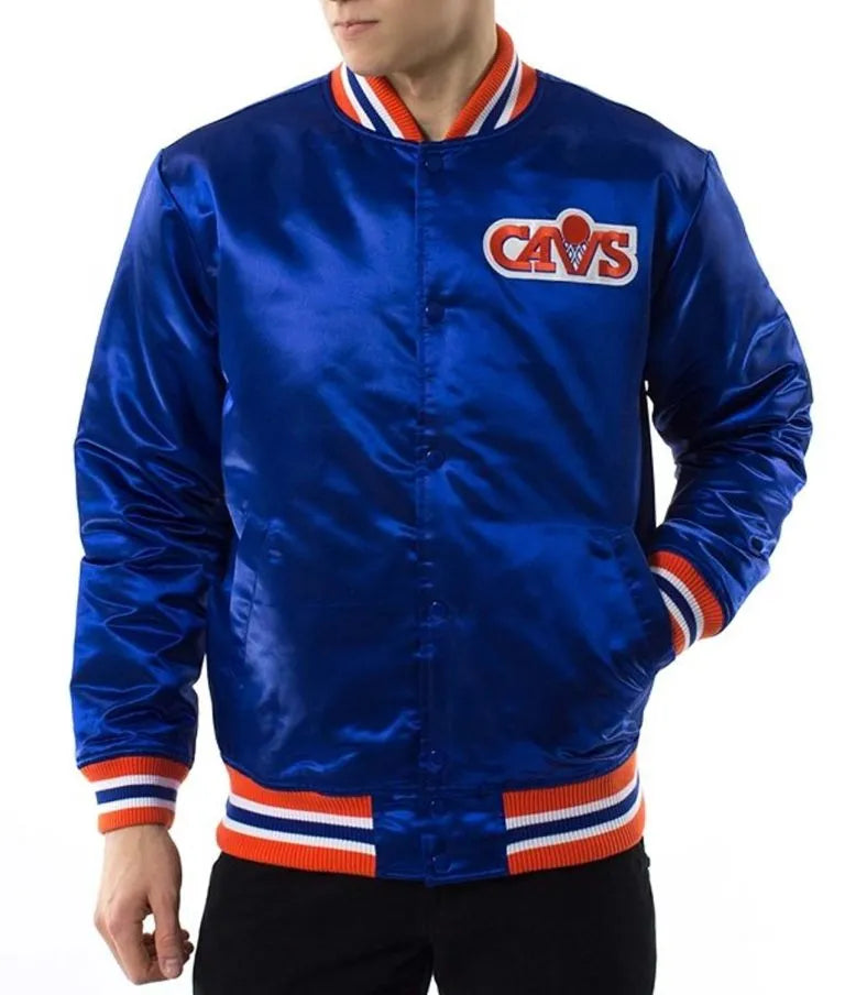 Cleveland Cavaliers Basketball Full-Snap Varsity Royal Blue Satin Men's Bomber Jacket