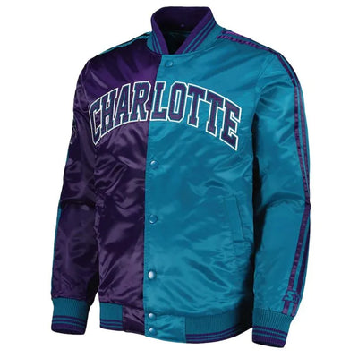 Charlotte Hornets Fast Break Full-Snap Varsity Purple/Teal Satin Men's Bomber Jacket