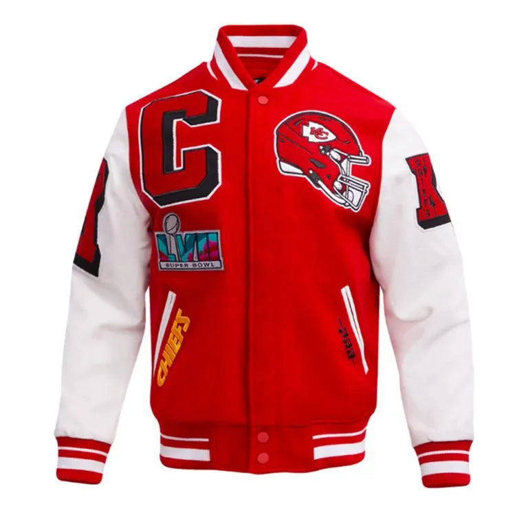 Kansas City Chiefs Mashup Rib Red Wool and White Genuine Leather Sleeves Men's Varsity Letterman Jacket