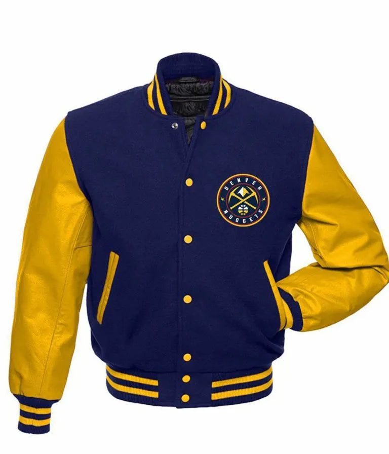 Denver Nuggets Full-Snap Varsity Blue Wool and Yellow Genuine Leather Sleeves Men's Jacket