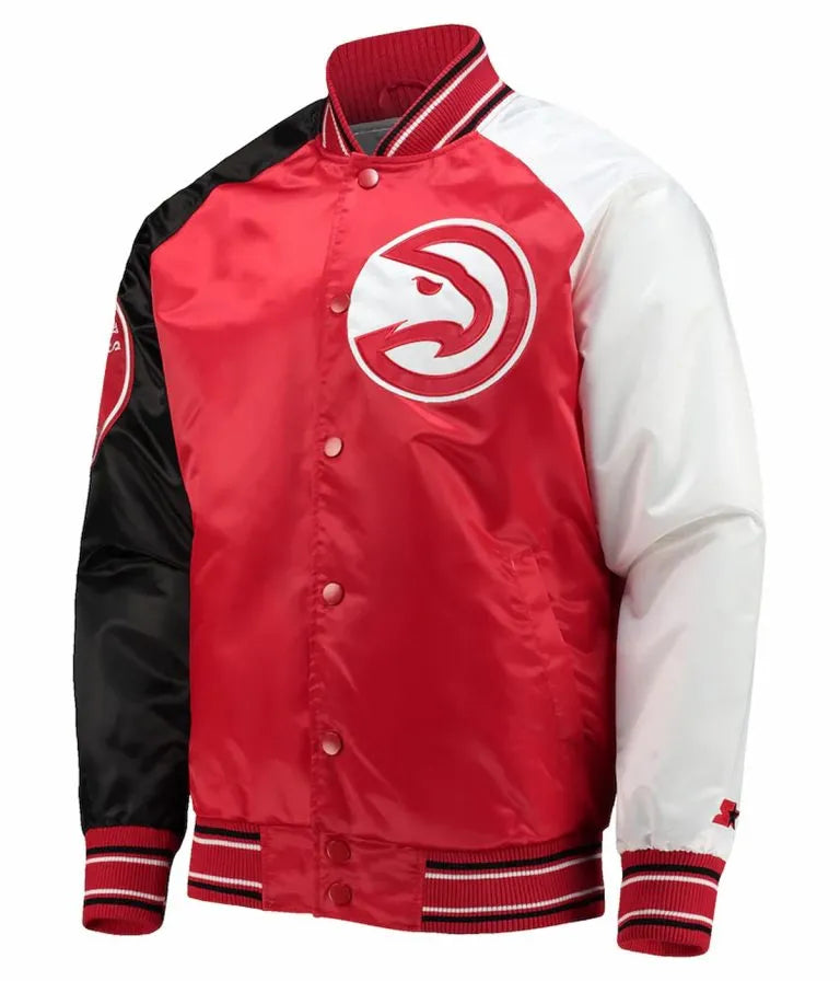 Atlanta Hawks Reliever Raglan Full-Snap Varsity Red and Black Satin Men's Bomber Jacket