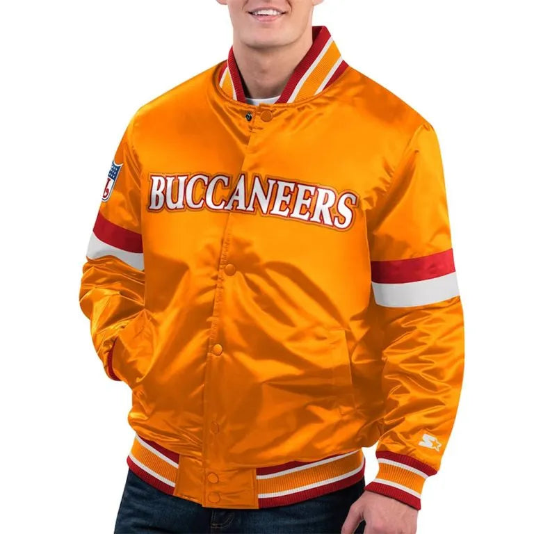 Tampa Bay Buccaneers Home Game Full-Snap Varsity Orange Satin Men's Bomber Jacket