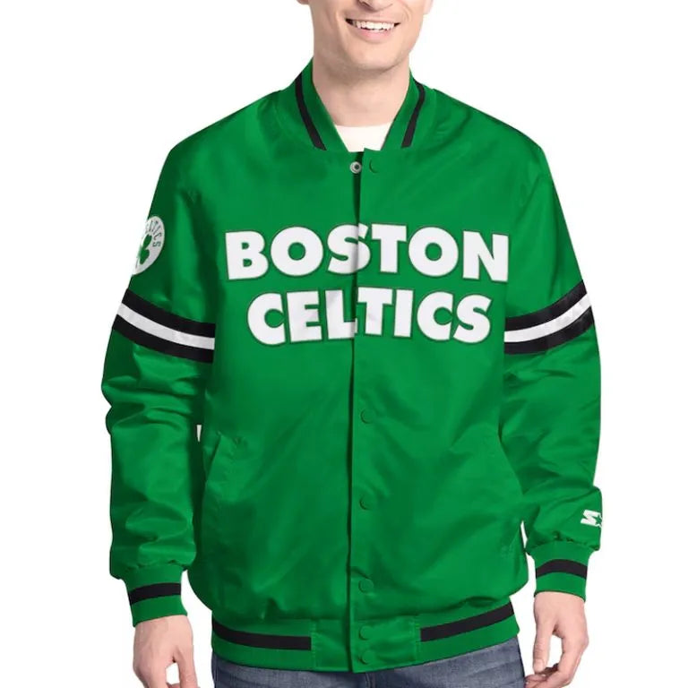 Boston Celtics Scout Full-Snap Varsity Green Satin Men's Bomber Jacket
