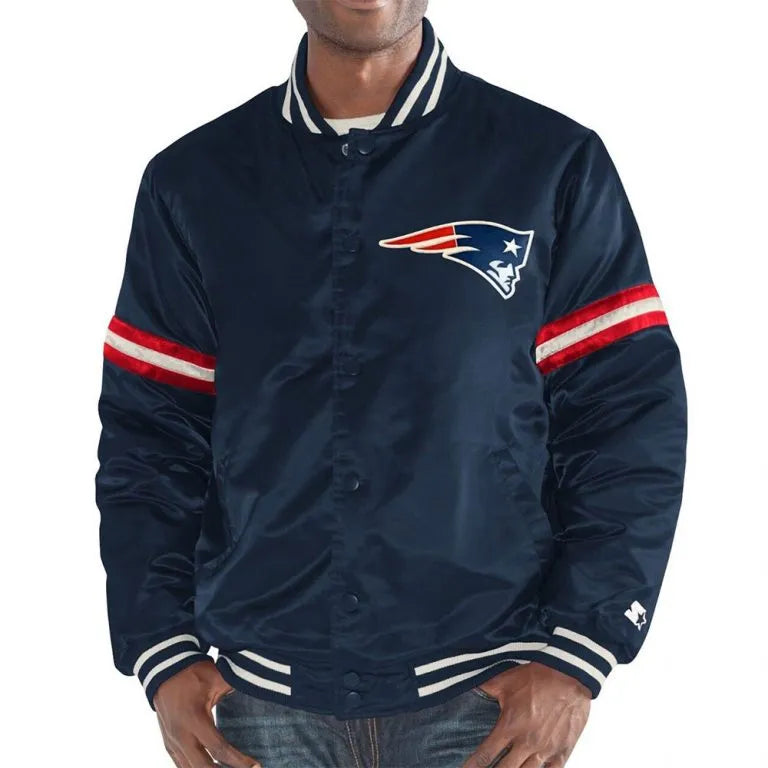 New England Patriots Legacy Full-Snap Varsity Navy Blue Satin Men's Bomber Jacket