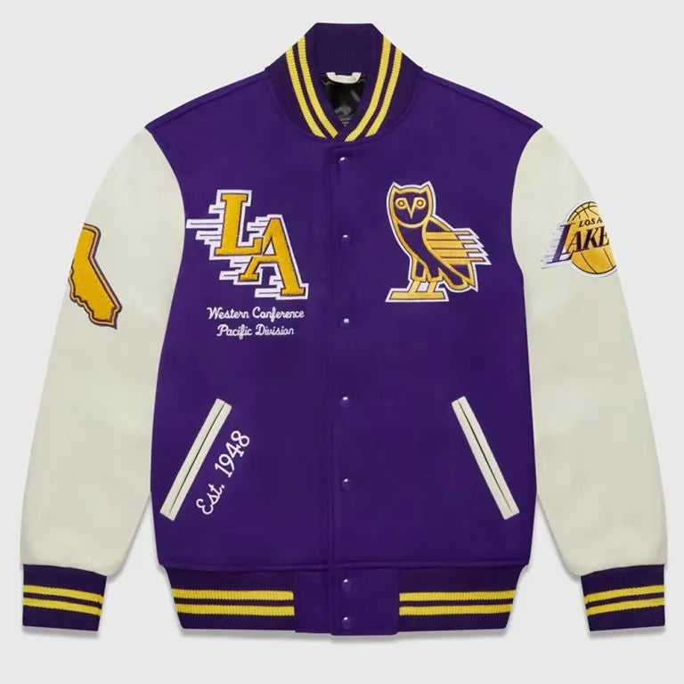 OVO Los Angeles Lakers Varsity Purple Wool & White Genuine Leather Sleeves Men's Letterman Jacket