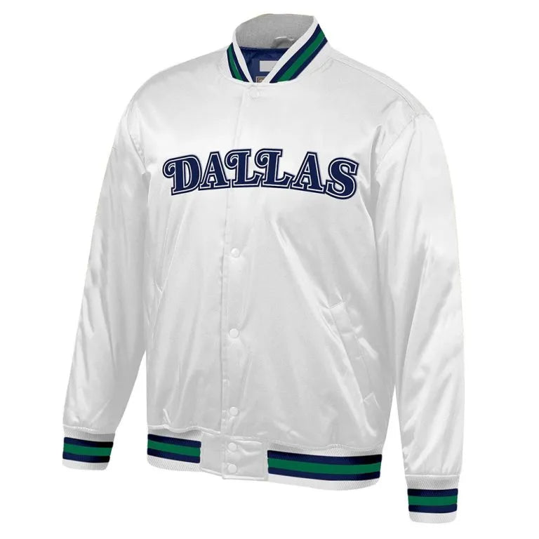 Dallas Mavericks Hardwood Classic Lightweight Full-Snap Varsity White Satin Men's Bomber Jacket