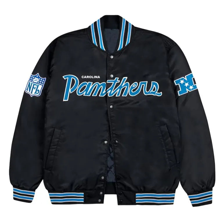 Carolina Panthers Blue Rib Full-Snap Varsity Black Satin Men's Bomber Jacket
