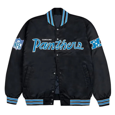 Carolina Panthers Blue Rib Full-Snap Varsity Black Satin Men's Bomber Jacket