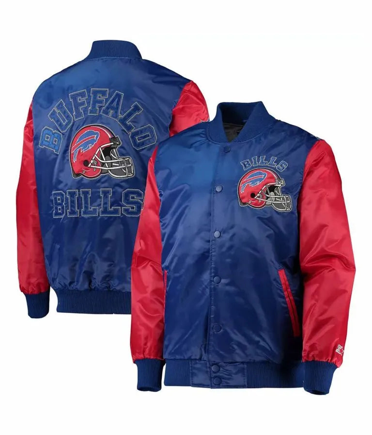 Buffalo Bills Locker Room Throwback Full-Snap Varsity Royal Blue and Red Satin Men's Bomber Jacket