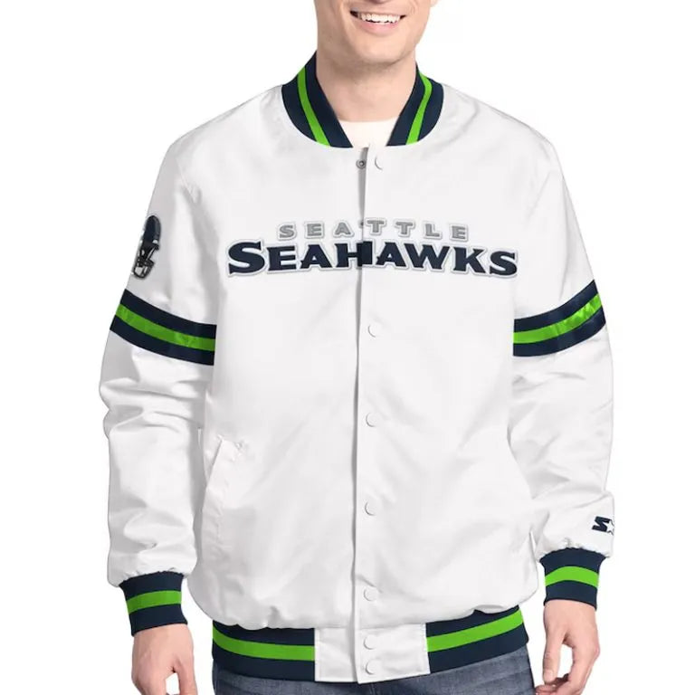 Seattle Seahawks Scout Full-Snap Varsity White Satin Men's Bomber Jacket