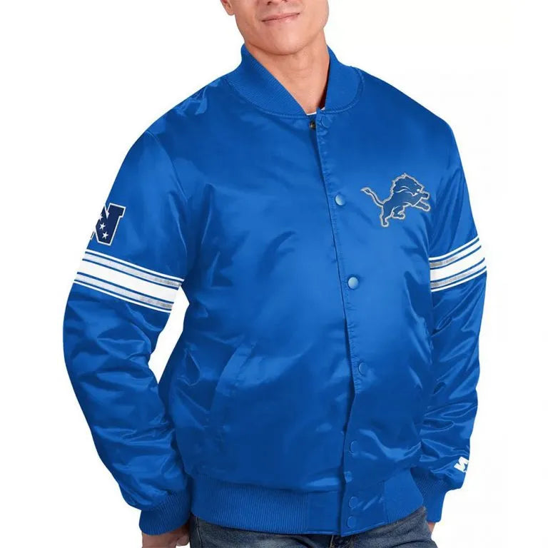 Detroit Lions The Pick and Roll Full-Snap Varsity Blue Satin Men's Bomber Jacket