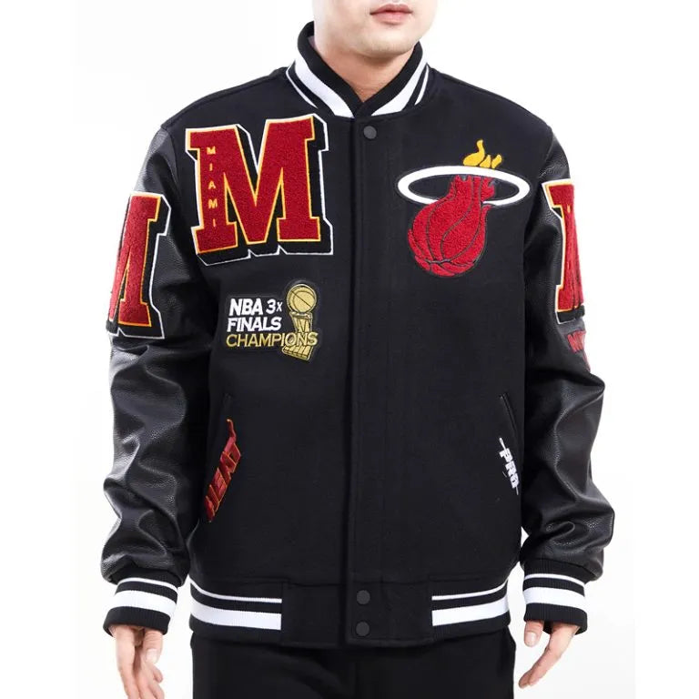 Miami Heat Mashup Logo Varsity Black Wool & Genuine Leather Sleeves Men's Jacket