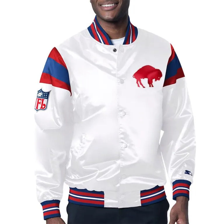 Buffalo Bills Midweight Full-Snap Varsity White Satin Men's Bomber Jacket
