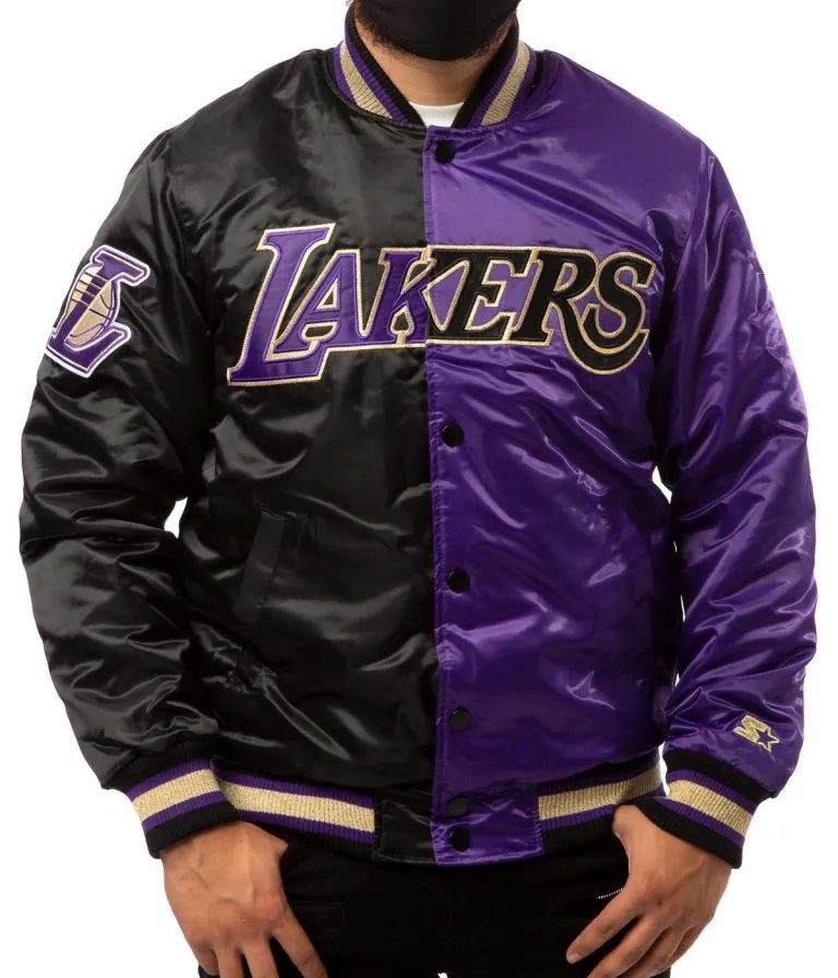Los Angeles Lakers Full-Snap Varsity Purple and Black Satin Men's Bomber Jacket