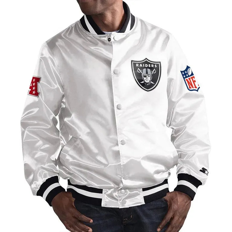 Los Angeles Raiders Mark Davis Full-Snap Varsity White Satin Men's Bomber Jacket