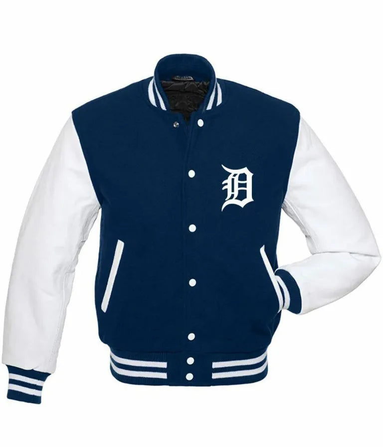 Detroit Tigers Blue Wool & White Leather Sleeves Varsity Letterman Men's Jacket