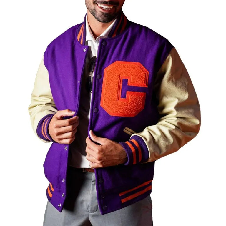 Clemson Tigers Ceremony Purple Wool & Cream Genuine Leather Sleeves Men's Letterman Varsity Jacket
