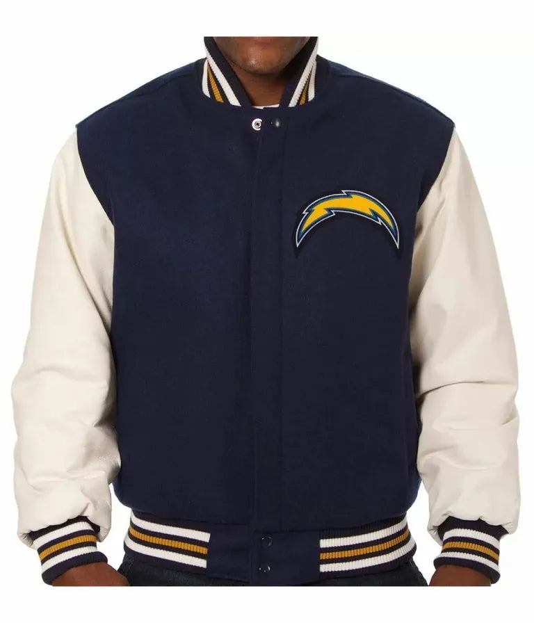 Los Angeles Chargers Navy Blue Wool and White Genuine Leather Sleeves Men's Varsity Letterman Jacket