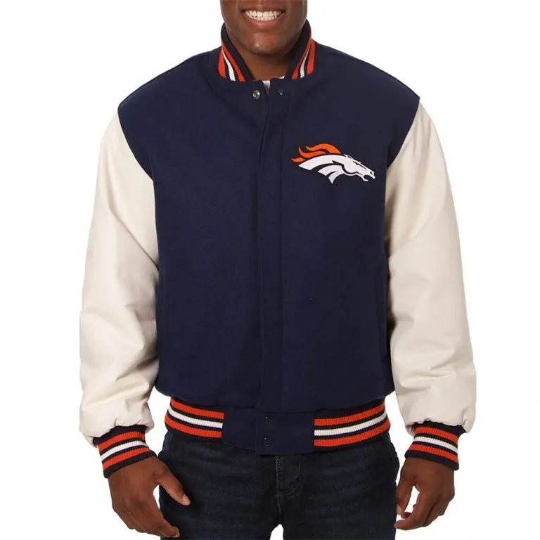 Denver Broncos Navy Blue Wool & White Genuine Leather Sleeves Men's Varsity Jacket