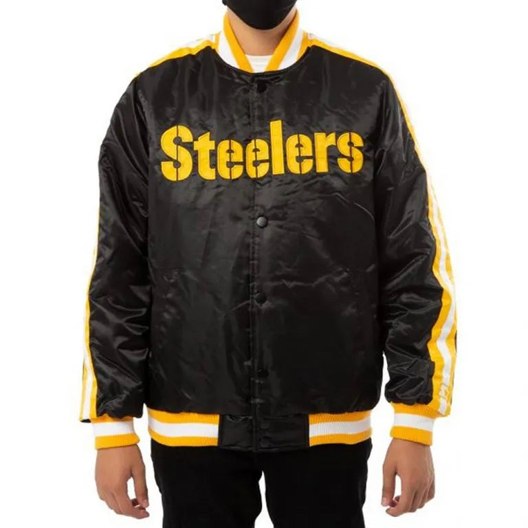 Pittsburgh Steelers Striped Full-Snap Varsity Black Satin Men's Bomber Jacket