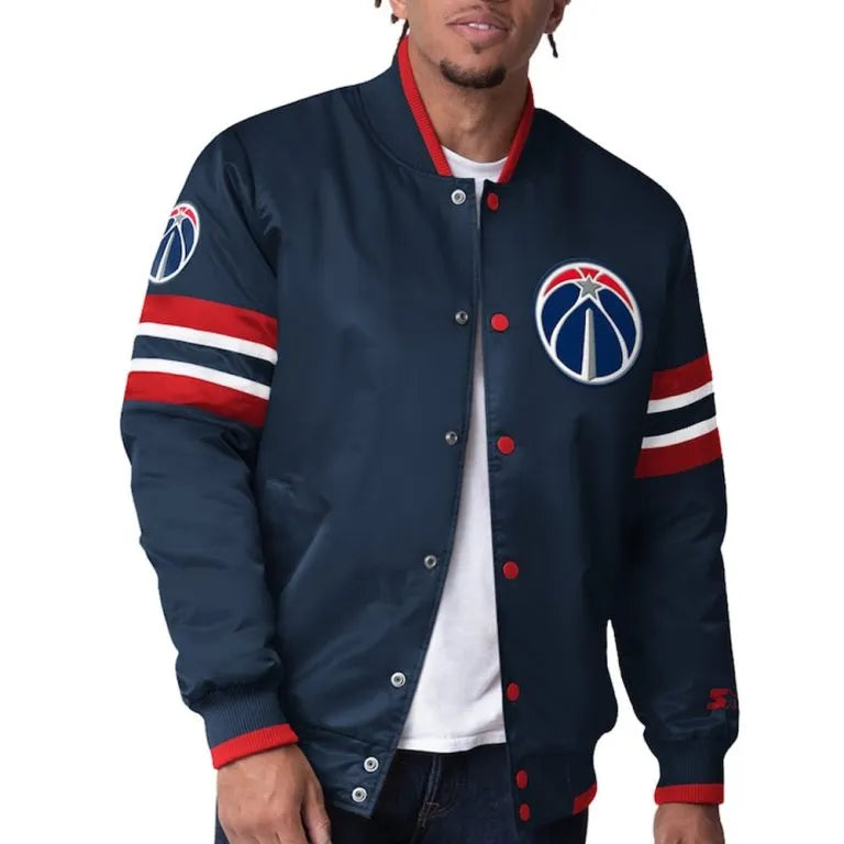 Washington Wizards Scout I Full-Snap Varsity Navy Blue Satin Men's Bomber Jacket