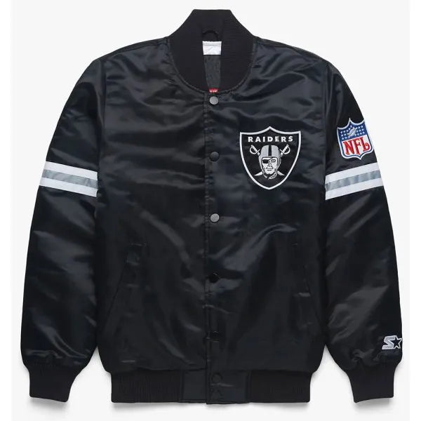 Los Angeles Raiders Striped Full-Snap Varsity Black Satin Men's Bomber Jacket