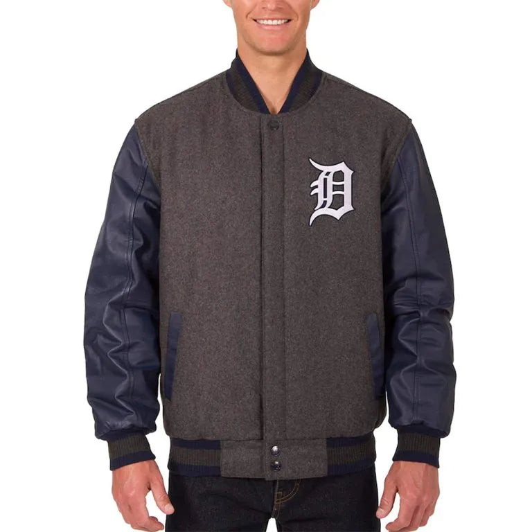 Detroit Tigers Full-Snap Charcoal Wool & Navy Blue Leather Varsity Men's Jacket