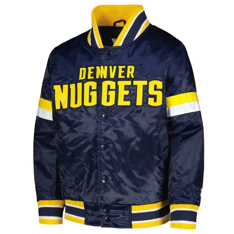 Denver Nuggets Youth Home Game Full-Snap Varsity Navy Blue Satin Men's Bomber Jacket